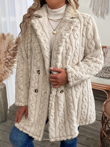 Plus Size Women's Twisted Texture Coral Fleece Jacket With Plush Shawl Collar For Winter