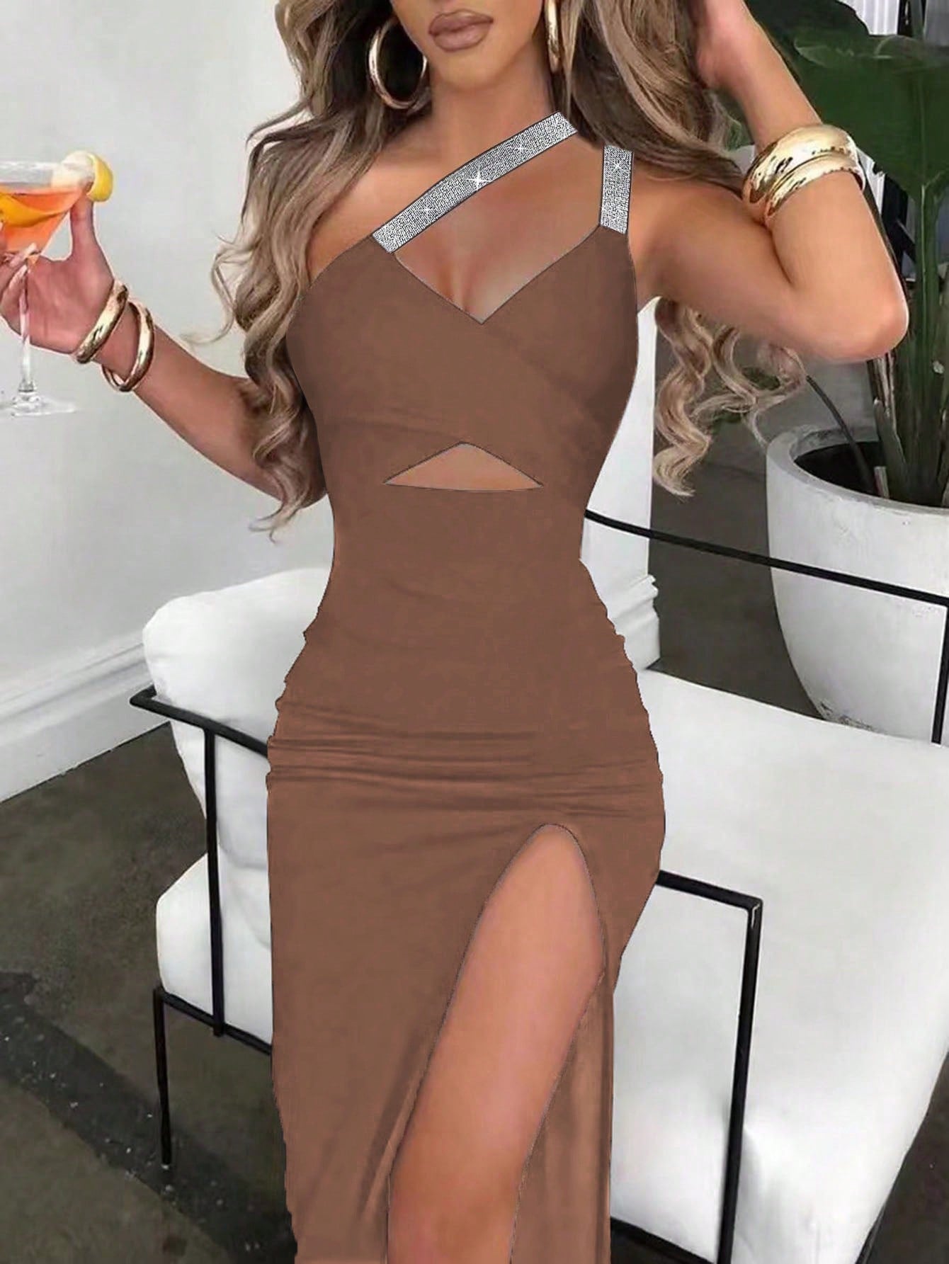Sparkling Shoulder Strap Asymmetric Neckline Hollow Out Bodycon Thigh Slit Maxi Dress For Spring And Summer, Can Be Worn As Both Inner And Outer Clothing