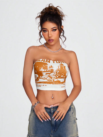 Women's Knitted Tube Top With Butterfly & Letter Printing