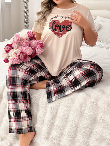 Plus Size Women's Heart & Letter Print Short Sleeve Top Checkered Pants Pajama Set