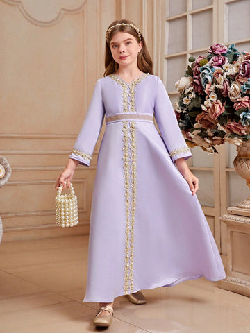 Tween Girls' Elegant Long V-Neck Floral Lace Dress With 3/4 Sleeves