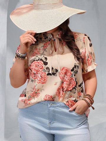 Plus Size Women's Floral Printed Short Sleeve Shirt With Tie Neck For Vacation Style