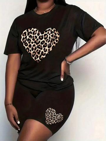 Plus Size Leopard Print Heart Patterned Short Sleeve T-Shirt And Shorts Summer Casual 2pcs Outfit