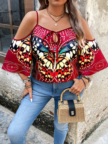 Plus Size Butterfly Printed Off-Shoulder Tie Neck Casual Summer Blouse For Outdoor Activities