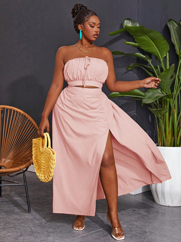 Strapless Pleated High Slit Skirt Two Piece Set
