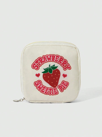 Fashionable Cartoon Strawberry Printed Thick Large Capacity Portable Cosmetic Bag, Square-Shaped