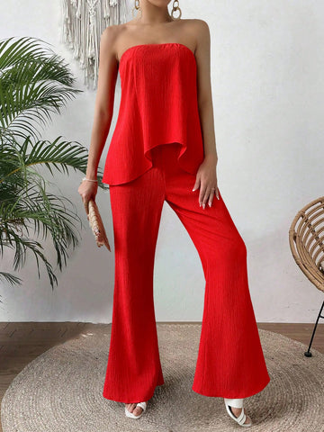 Elegant Solid Color Textured Tube Top And Flared Pants