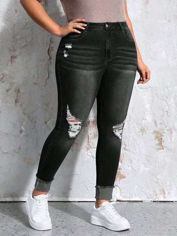 Plus Size Women's Slim Fit Ripped Denim Jeans With Cuffed Hem