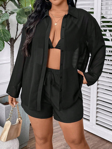 Plus Size Sheer Mesh Button Down Long Sleeve Shirt With Halter Neck Top And Shorts For Summer