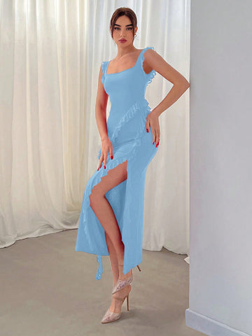 Women's Summer Flying Sleeve Dress With Irregular Hem, Open Cut On The Left Side, Ruffle Decoration For Romantic Occasions