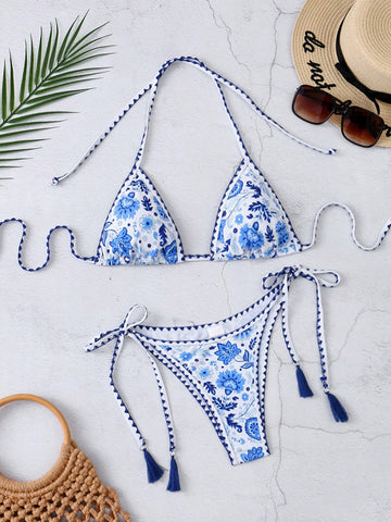 Women's Floral Print Halter Neck Tie Vacation Style Bikini Swimsuit Set