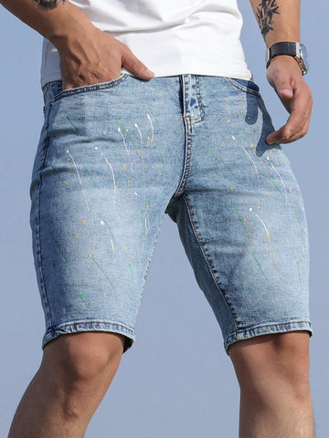 Men's Ink Splatter Printed Straight Leg Denim Shorts