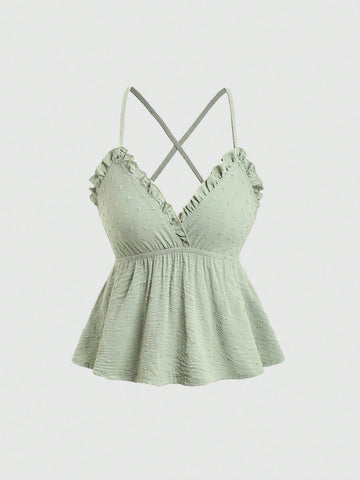 Women's Fashionable Green Jacquard V-Neck Camisole Top