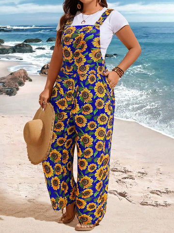 Plus Size Sunflower Print Jumpsuit, Suitable For Summer