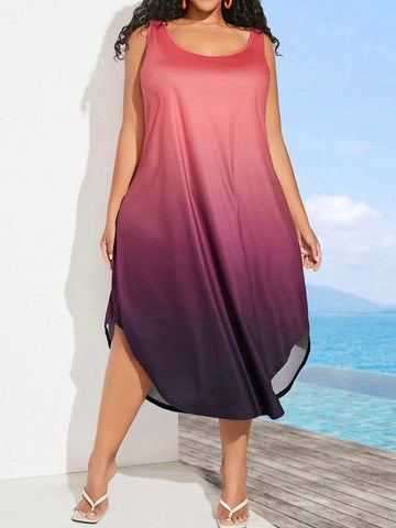 Plus Size Gradient Color Curved Hem Vest Dress