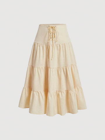 Women's High Rise Smocked Waist Multi Layered Ruffle Hem Midi Skirt
