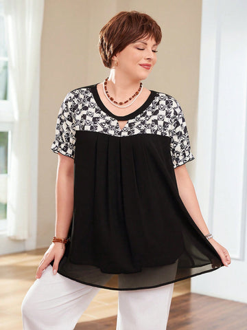 Plus Size Round Neck Colorblock Casual Short Sleeve Shirt For Spring And Summer