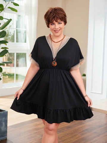 Plus Size Color Block Lace Spliced Batwing Sleeve Waist-Drawstring Dress For Spring And Summer