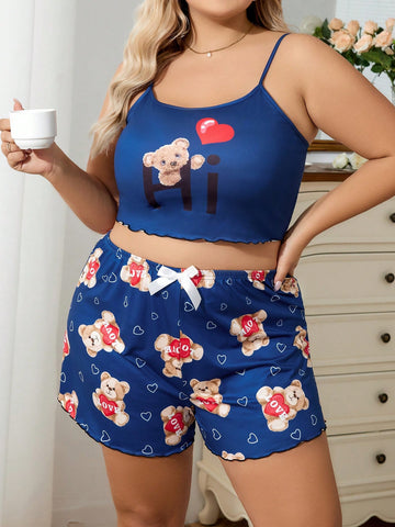 Plus Size Cartoon Teddy Bear And Letter Print Lettuce Trim Pajama Set