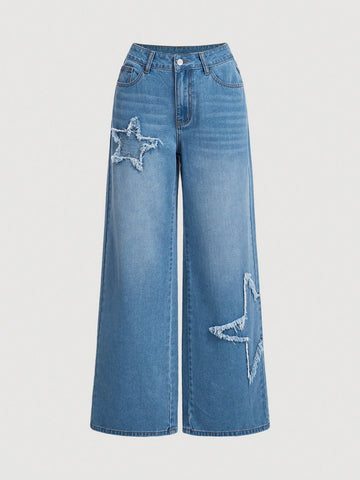 Summer Washed Ripped Wide Leg Denim Pants With Star Patches And Frayed Hem