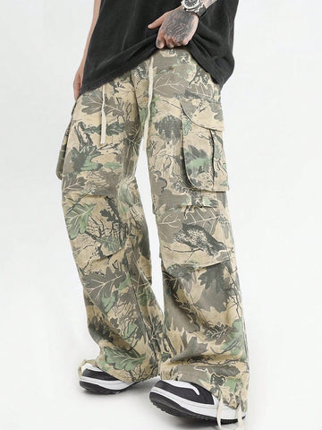 Men's Loose Fit Utility Pants With Leaf Print