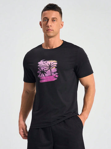 Men's Summer Casual Coconut Tree Print Short Sleeve Sports T-Shirt