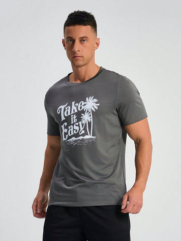 Men's Summer Casual Sports T-Shirt With Round Neck And Palm Tree Graphic