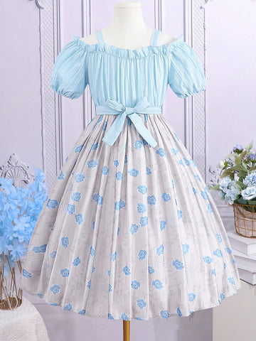 Tween Girls' Off-The-Shoulder Floral Print Dress With Patchwork For Summer