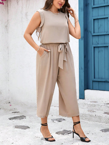 Plus Size Solid Color Tank Top And Long Pants Set For Summer