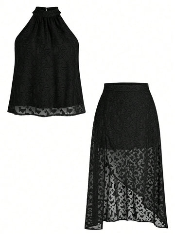 Plus Size Women's Solid Color Halter Top And Split Hem Skirt Set