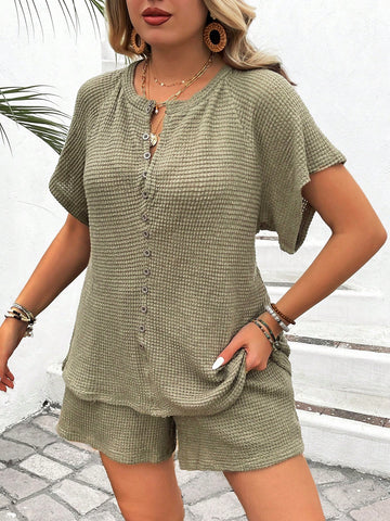 Plus Size Casual Solid Color Textured Fashion Set