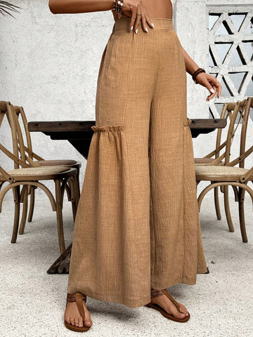 Casual Loose Wide Leg Pants With Texture And Flared Hem