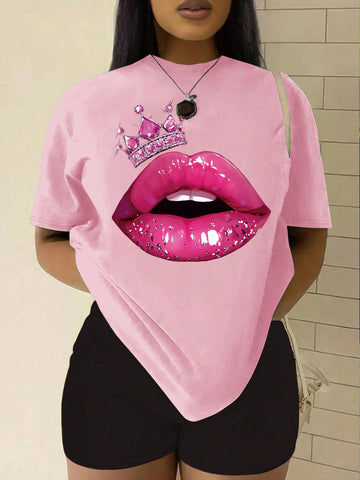 Plus Size Summer Crown Lip Print Short Sleeve T-Shirt
