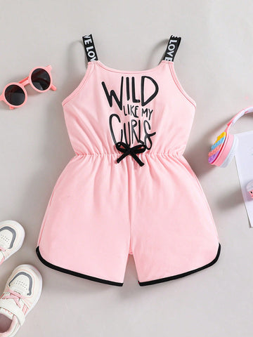 Young Girl Casual Letter Printed Strap Romper For Summer Vacation