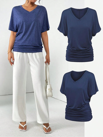 Summer Solid Short Sleeve V-Neck Tee With Side Pleats