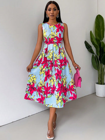 Women Floral Printed Sleeveless Dress For Summer