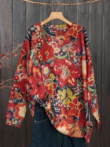 Plus Size Women's Floral Pattern Oversized Sweater With Drop Shoulder And Long Sleeve, Autumn And Winter