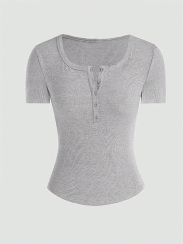 Ladies' Summer Plain Short Sleeve Casual T-Shirt With Button Placket