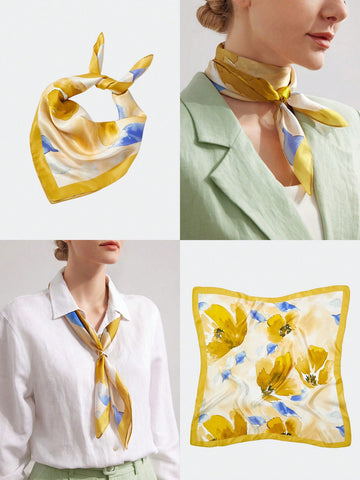 1PC 100% SILK LADIES' FLORAL PRINTED SCARF, SUITABLE FOR VACATION, HONEYMOON