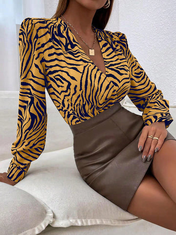 Women's Fashionable V-Neck Tiger Skin Printed Long Sleeve Shirt Bodysuit For Summer