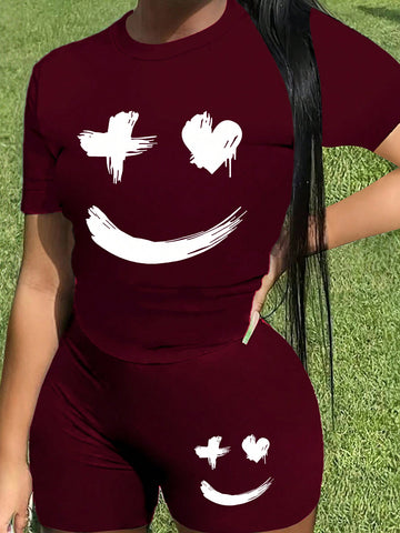 Plus Size Women's Summer Casual Short-Sleeved T-Shirt And Shorts Set With Printed Emoticons