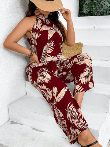Plus Size Women's Summer Casual Leaf Print Sleeveless Top & Straight Pants Holiday Outfit
