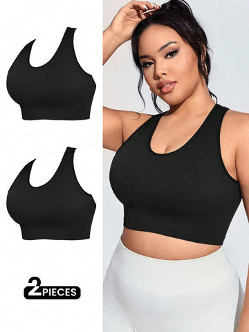 Plus Size Solid Color High Elasticity Sports Bras With Crisscross Back Straps And Hollow Out Details