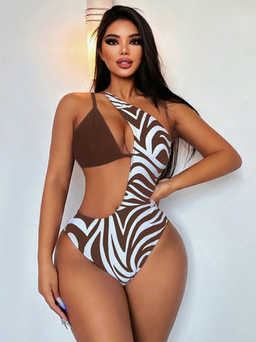 Summer Beach Women's Zebra Print & Hollow Out Asymmetrical Patchwork One-Piece Swimsuit