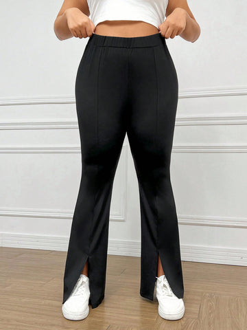 Plus Size Casual Basic Skinny Flare Leg Pants With Side Slit, Daily Wear