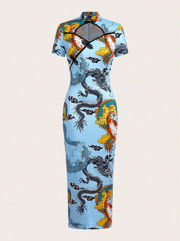 Chinese Style Dragon Print Cheongsam Dress With Buckle For Women