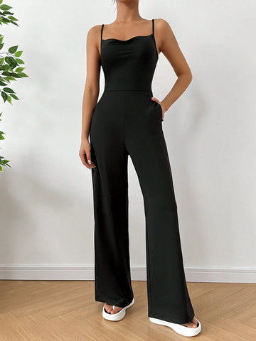 Women's Solid Color Casual Jumpsuit With Shoulder Straps For Summer