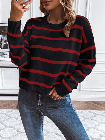 Loose Fit Drop Shoulder Striped Sweater With Color Block
