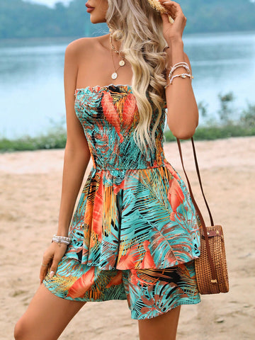 Women's Summer Holiday Style Tropical Plant Print Shirred Strapless Romper