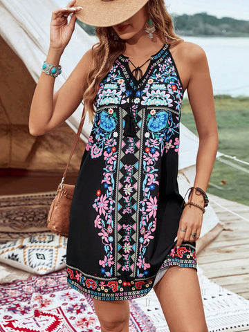 Women's Summer Casual Floral Printed Sleeveless Dress With Self-Tie Neckline, For Vacation Music Festival